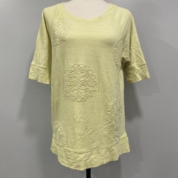 LOFT M Yellow Embroidered Mandala Slub Knit Short Sleeve Top Summer Cottagecore - Picture 1 of 15